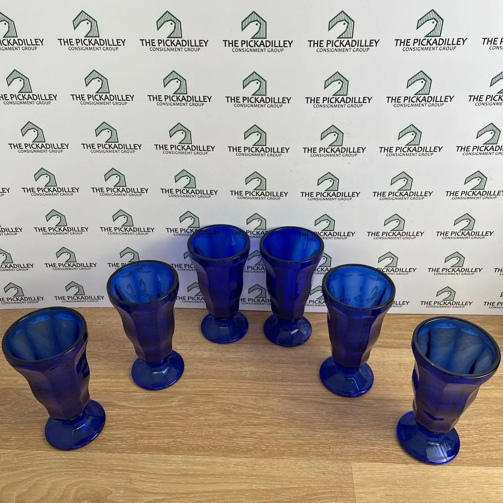 Set of 6 Cobalt Blue Glass Milkshake Sundae Glasses Paneled Pedestal 7 Inch